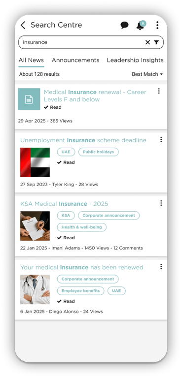 Search bar interface on the Alshaya employee intranet