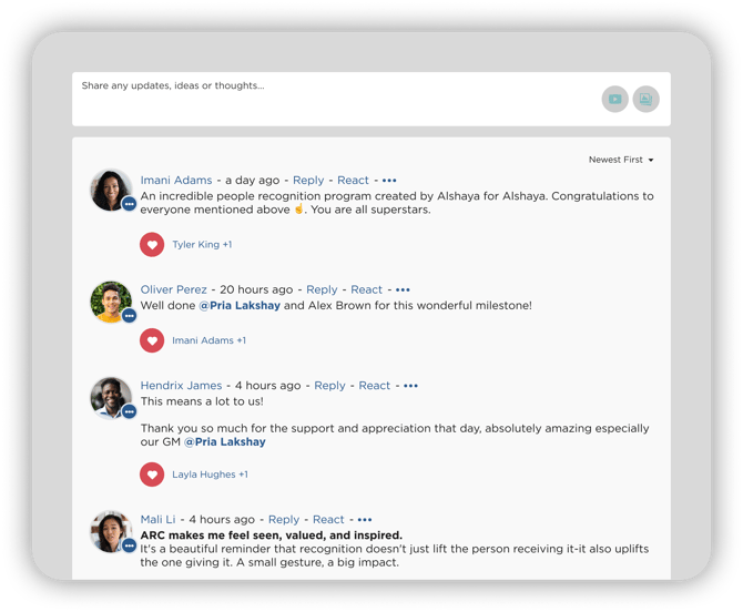 Screenshot of Unily Social features enabling employee collaboration on Alshaya's intranet