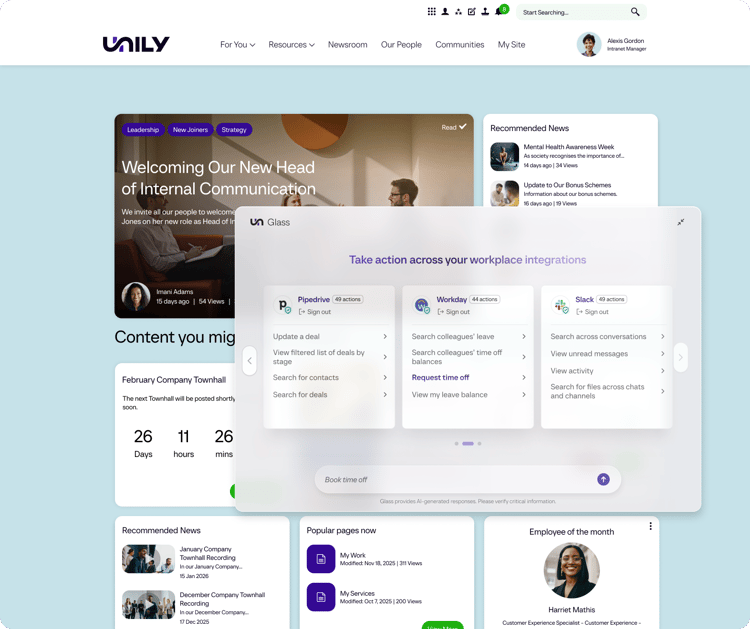 Unily Glass - Search and actions