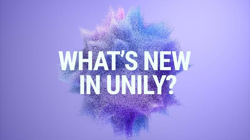 What's new in Unily title on a purple background with a bubble splash effect