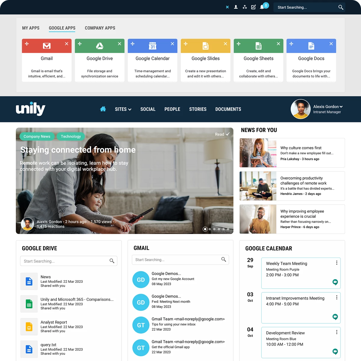 Unily homepage with google widgets