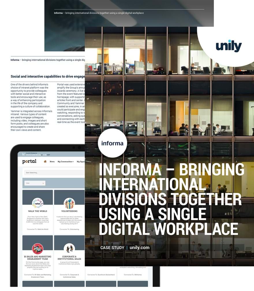 'Informa brings international divisions together using a single digital workplace' case study front cover