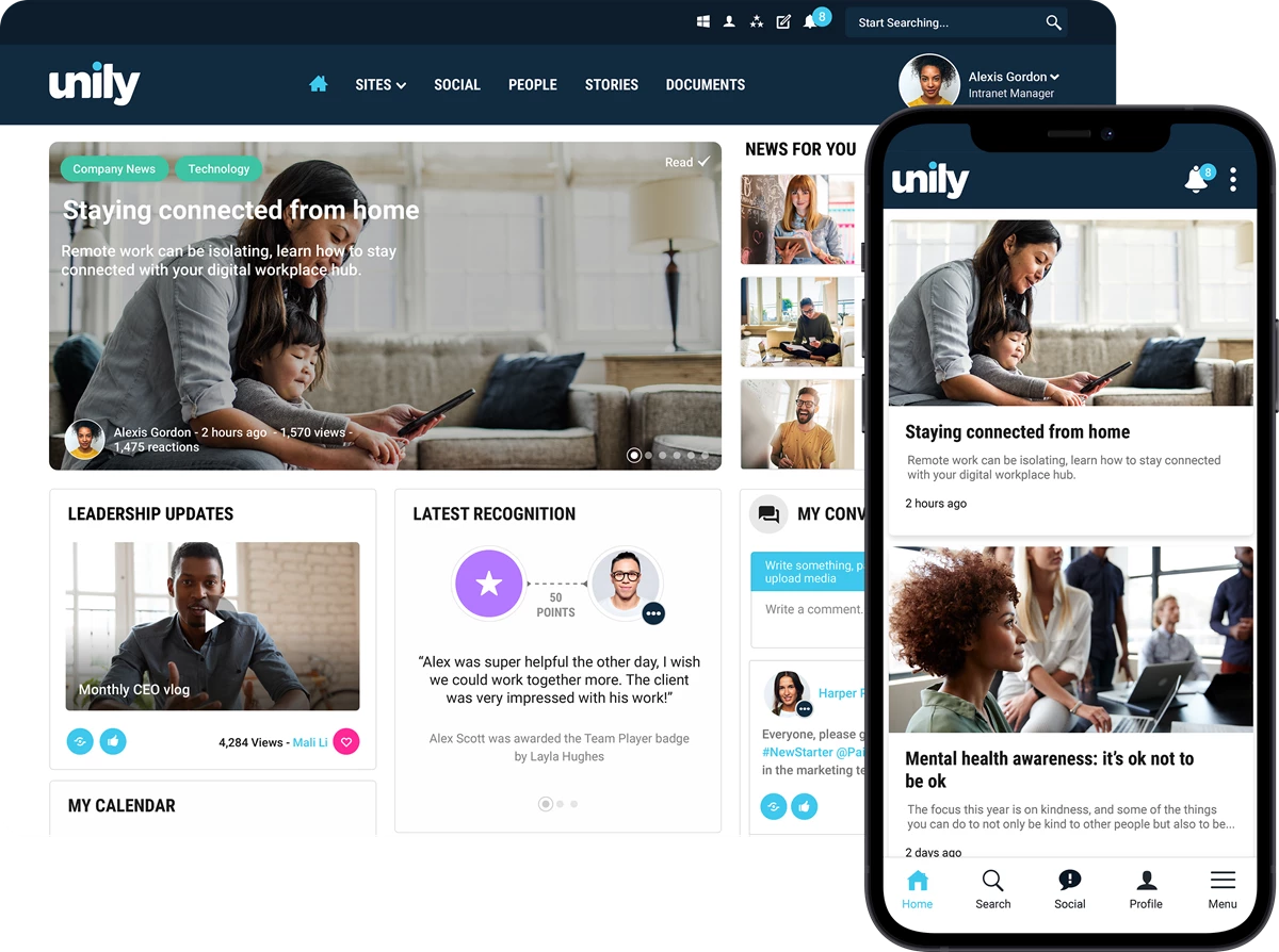 unily intranet on mobile and desktop