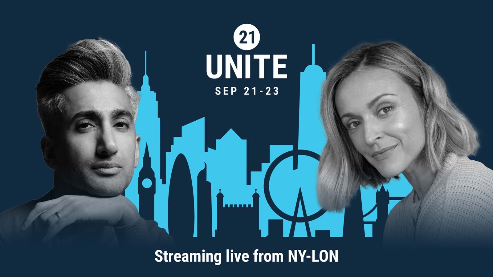 Unite 21 employee experience conference promotional image with Tan France and Fearne Cotton