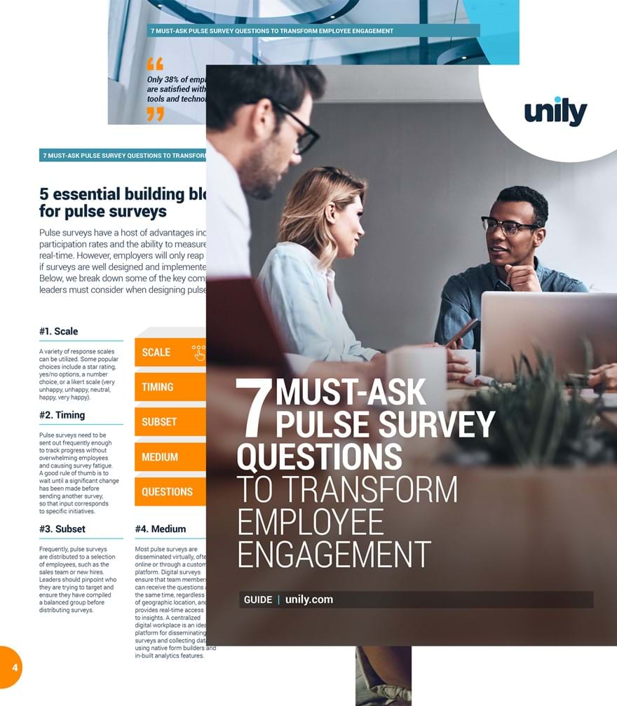 'Pulse survey questions to transform employee engagement' guide pages